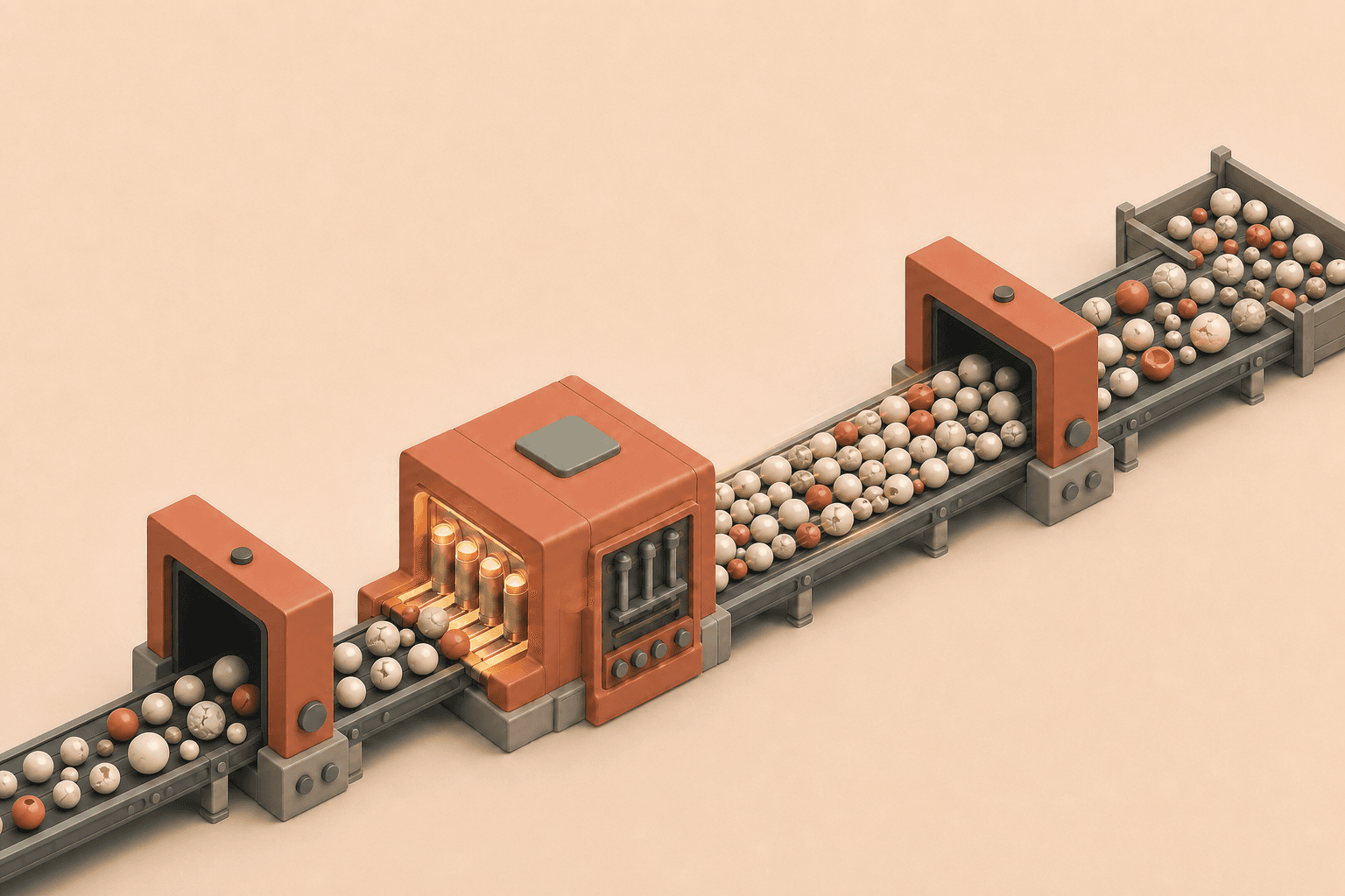 A Lit Factory conveyor showing rushed inputs becoming crowded, degraded output.